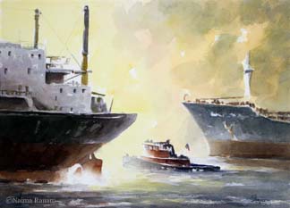 Tug Between Two Freighters